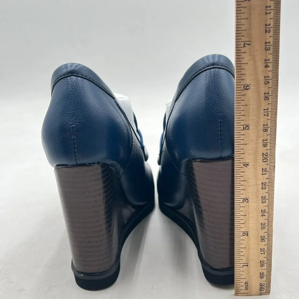 YDN Blue Dressy Pump Square Closed Toe Slip On Loafers Wedges High Heeled Shoes - Picture 5 of 8